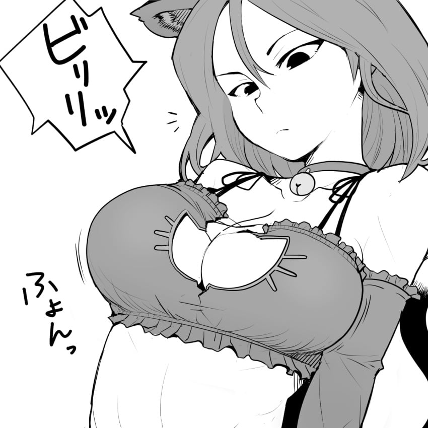 animal_ears bare_shoulders bell bell_choker bra breasts bursting_breasts cat_cutout cat_ears cat_keyhole_bra cat_lingerie choker cleavage cleavage_cutout detached_sleeves fake_animal_ears female girls_und_panzer henyaan_(oreizm) highres large_breasts long_hair monochrome nonna noukyou_gyuunyuu solo torn_bra torn_clothes underwear upper_body