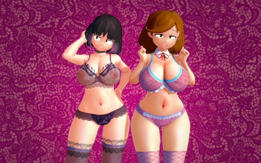 2girls 3d 3d_(artwork) ass big_ass big_breasts black_eyes black_hair breasts brown_hair female female_only girls_only hilda_(series) johanna_(hilda) kaisa_(hilda) koikatsu large_ass large_breasts looking_at_viewer looking_back milf multiple_girls navel nipples nipples_visible_through_clothing open_mouth papaoso pink_bra pink_nipples pink_panties pink_socks pink_underwear purple_bra purple_hair purple_panties purple_socks purple_underwear short_hair socks thigh_highs thighhighs thighs two_tone_hair wide_hips