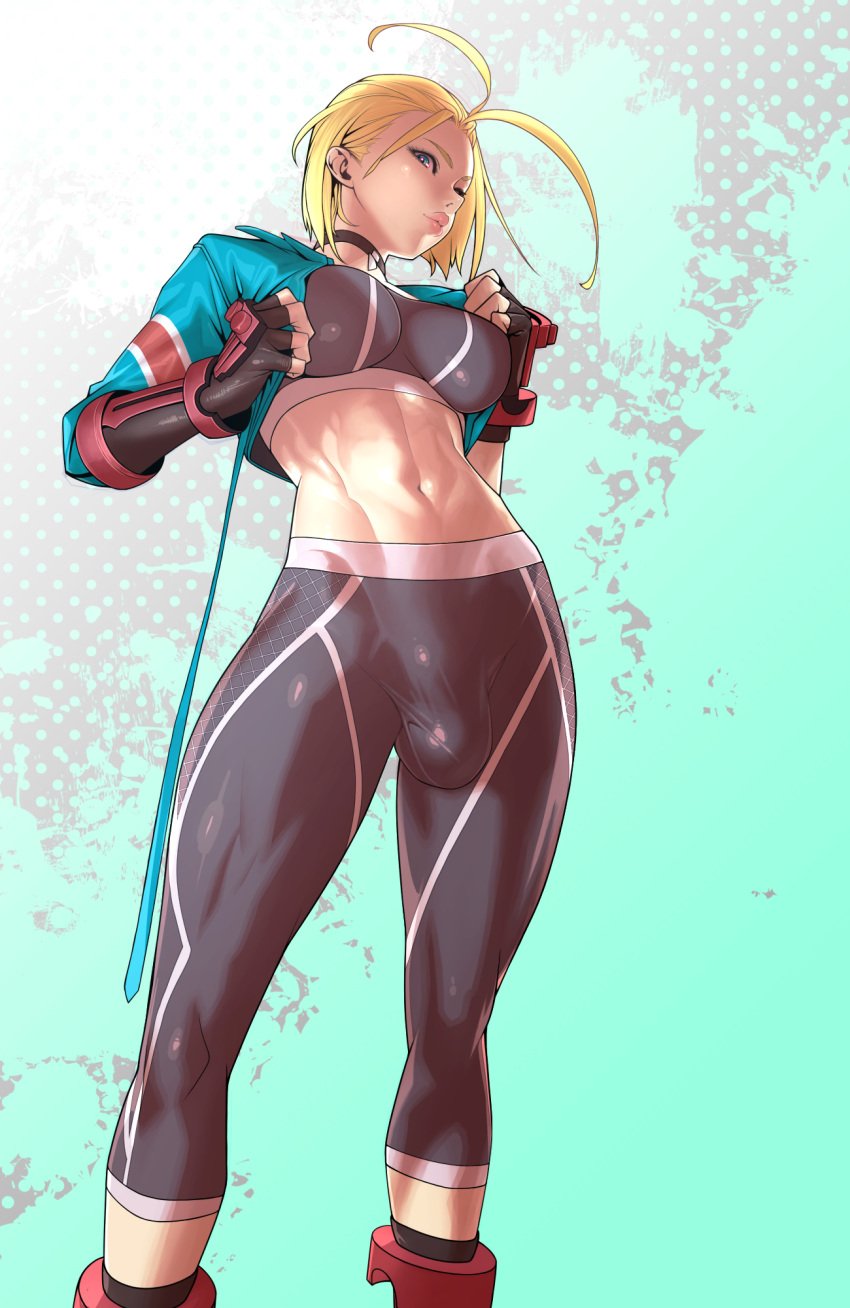 1futa abs balls ballsack big_breasts big_penis black_pants blonde_hair blue_eyes blue_jacket breasts bulge bulge_under_clothes cammy_white clothed clothing collar flaccid fully_clothed futa_only futanari gloves highres human light-skinned_female light-skinned_futanari light_skin lips low-angle_view penis red_shoes short_hair showing_breasts showing_penis smooth_balls smooth_penis solo standing street_fighter street_fighter_6 tomoyuki_kotani uncensored