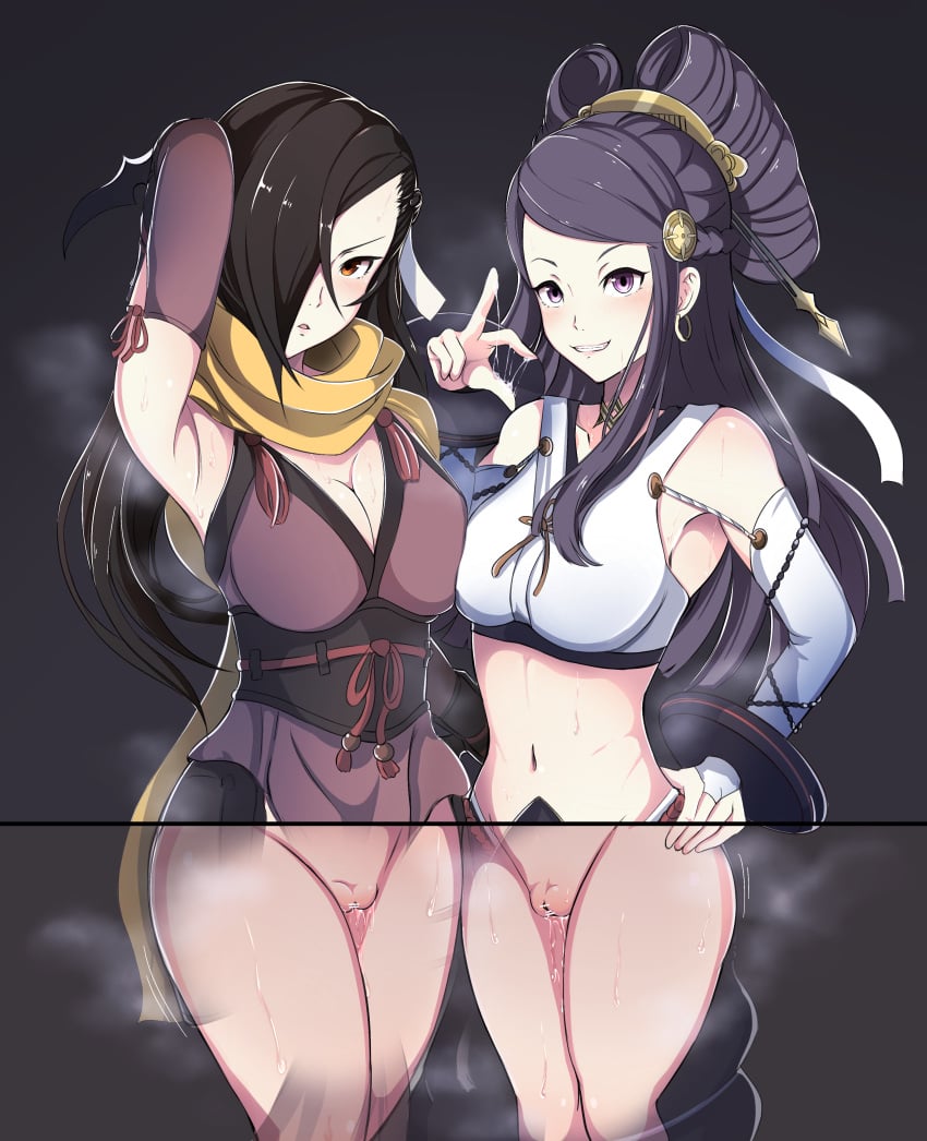 2girls absurdres bar_censor blush breast_press breasts brown_eyes brown_hair censor_bar censored cleavage clothed clothed_female ear_piercing earrings female female_only fire_emblem fire_emblem_fates hair_ornament hair_over_one_eye highres kagero_(fire_emblem) knife large_breasts light-skinned_female light_skin long_hair looking_at_viewer navel nenemu0 nintendo orochi_(fire_emblem) pubic_hair purple_eyes purple_hair pussy pussy_juice x-ray