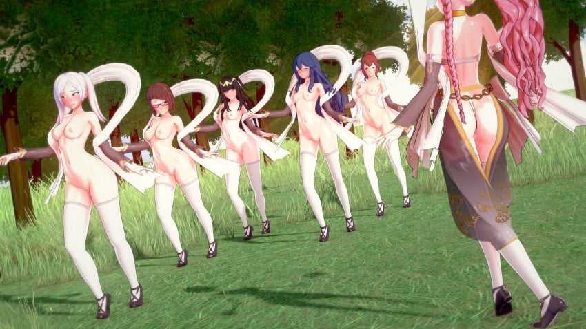 3d 6+girls 6girls alternate_costume angry anna_(fire_emblem) armpits ass asymmetrical_bangs back bangs bare_back bare_midriff bare_shoulders bare_thighs big_ass black_eyes black_hair blue_hair blush bra braid breasts brown_hair clenched_teeth closed_eyes clothed_female_nude_female cosplay dancer dancing dume embarrassed embarrassed_nude_female enf exhibitionism female female_only fire_emblem fire_emblem_awakening frown functionally_nude functionally_nude_female heavy_blush long_hair looking_away lucina_(fire_emblem) medium_breasts medium_hair midriff miriel_(fire_emblem) multiple_girls naked_footwear naked_thighhighs navel nintendo nipples nude nude_female olivia_(fire_emblem) olivia_(fire_emblem)_(cosplay) one_eye_closed outdoors panties pink_hair ponytail pose red_eyes red_hair robin_(fire_emblem) robin_(fire_emblem)_(female) see-through shoes short_hair shoulders small_breasts socks socks_and_shoes tharja_(fire_emblem) thigh_socks thighhighs thighs tiptoes training tree twintails veil very_long_hair white_bra white_hair white_panties