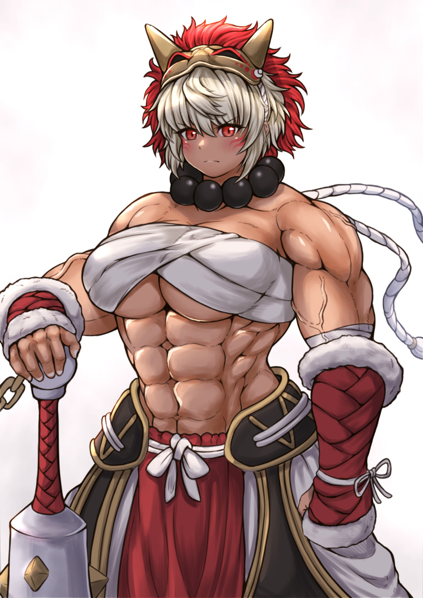 1girls abs absurdres beads biceps breasts chest_sarashi club_(weapon) commission dark-skinned_female dark_skin female female_only fire_emblem fire_emblem_fates highres holding_club kanabou large_breasts looking_at_viewer mask mask_on_head muscular muscular_female mynameissuusan nintendo obliques prayer_beads red_eyes rinkah_(fire_emblem) sarashi skeb_commission solo spiked_club war_fan weapon white_hair