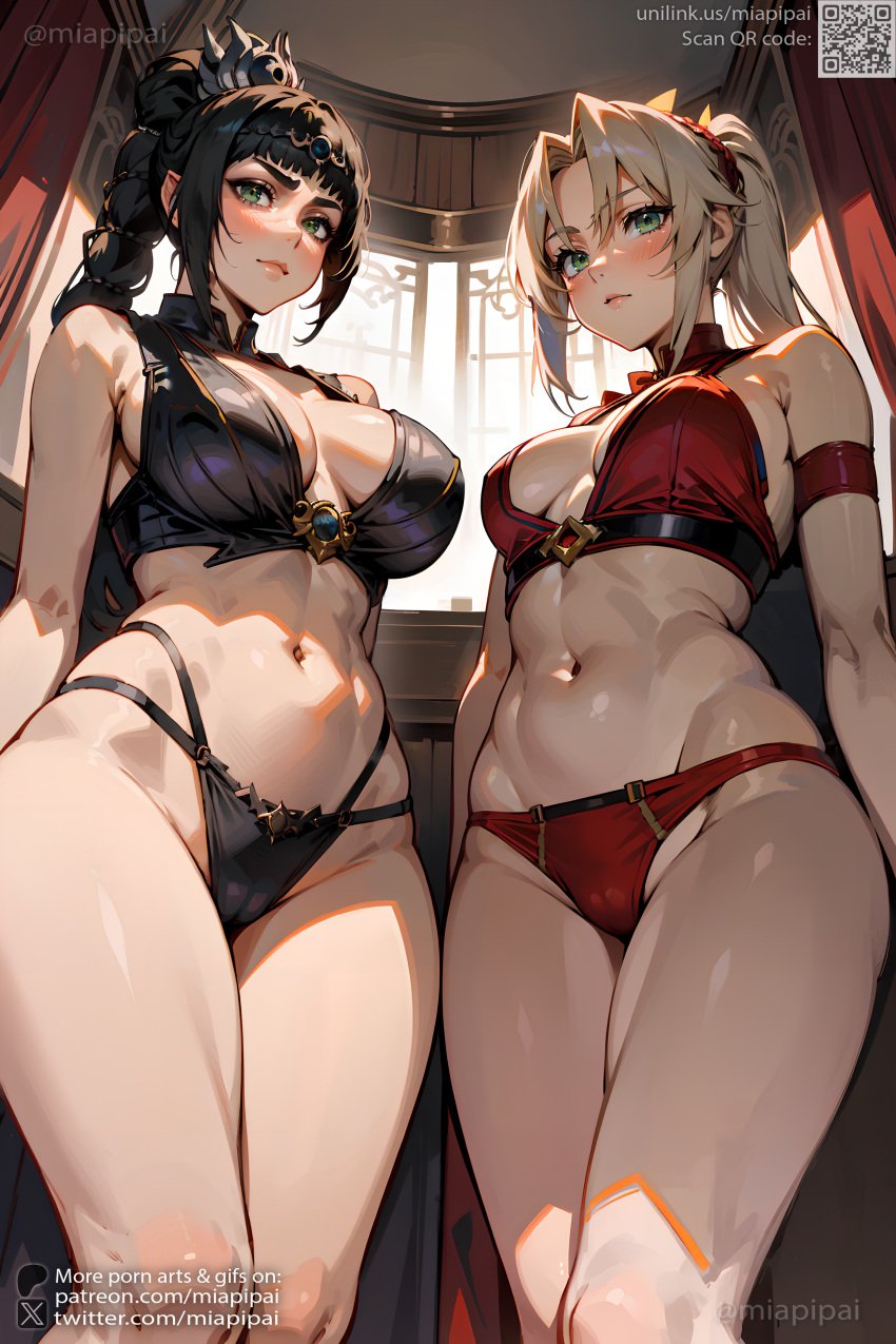 2024 2girls abs ai_generated artist_name baldur&#039;s_gate baldur&#039;s_gate_3 bangs bare_shoulders black_bra black_hair black_panties blonde_hair blunt_bangs blush bra braid breasts busty cameltoe cleavage closed_mouth cowboy_shot crossover embarrassed fate/grand_order fate_(series) feet_out_of_frame female female_only from_below frown game green_eyes hair_ornament hair_scrunchie half-elf hi_res highleg indoors long_hair looking_at_viewer medium_breasts miapipai midriff mordred_(fate) multiple_girls navel one_girl panties parted_bangs patreon patreon_username ponytail red_bra red_panties scrunchie self_upload sensual shadowheart signature stable_diffusion standing stomach thighs twitter twitter_username video_game video_game_character video_games wide_hips