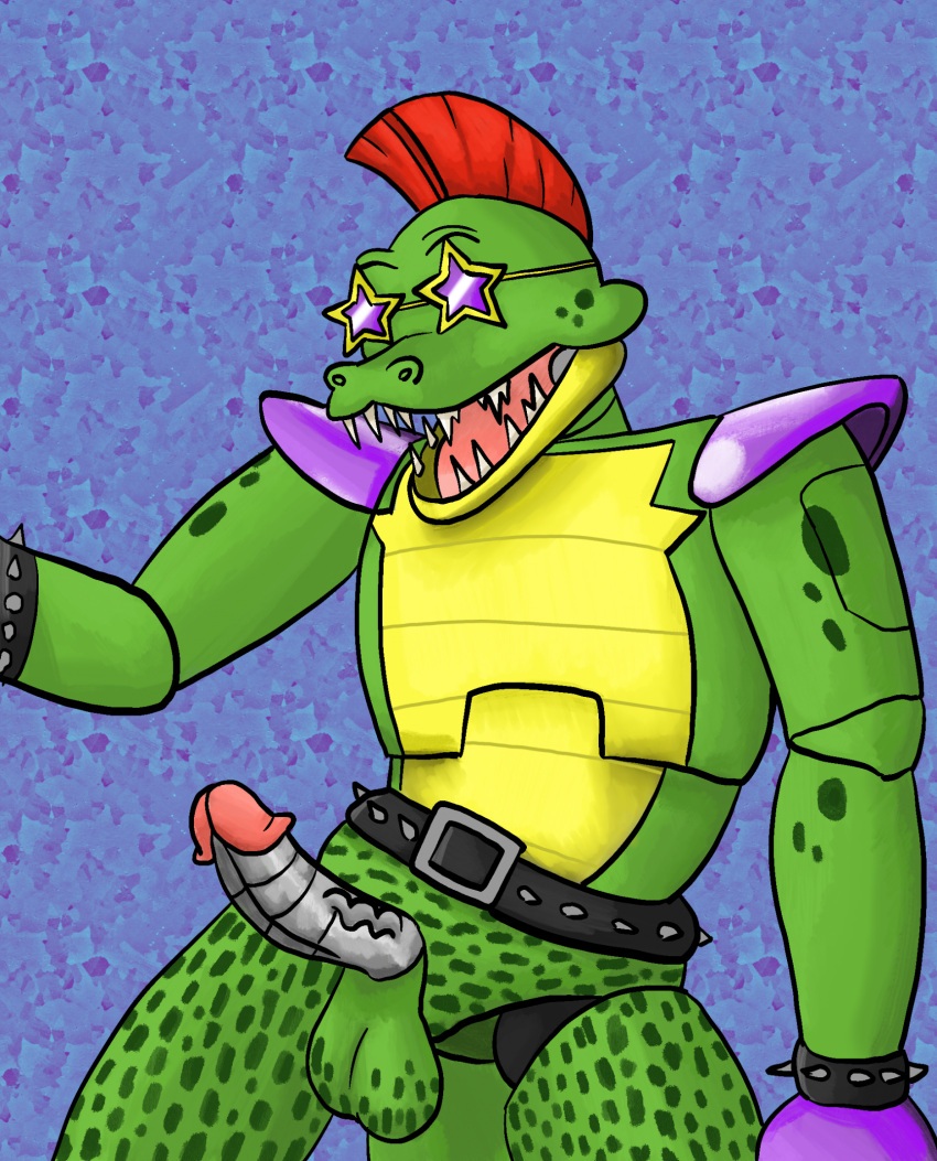 alligator_tail animatronic anthro background biceps body_markings boner erection facial_markings five_nights_at_freddy's five_nights_at_freddy's:_security_breach fnaf green_balls green_body lighting_bolt machine male male_focus male_only metal_penis mohawk mohawk_(hairstyle) montgomery_gator_(fnaf) muscular muscular_anthro muscular_arms muscular_male muscular_thighs non-human non_mammalian_nipples pink_glans red_hair reptile reptile_humanoid robot robot_humanoid robot_joints robot_penis scottgames simple_background smile solo solo_male spiked_bracelet spotted_body tail tail_markings tattoo two_tone_body two_tone_fur