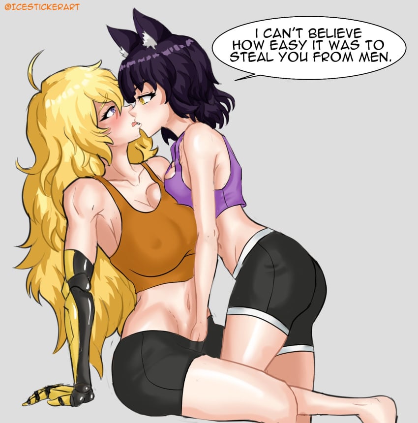 2girls black_hair blake_belladonna blonde_hair canon_couple cat_ears catgirl female female_only icesticker icestickerart multiple_girls rwby tagme yang_xiao_long yuri