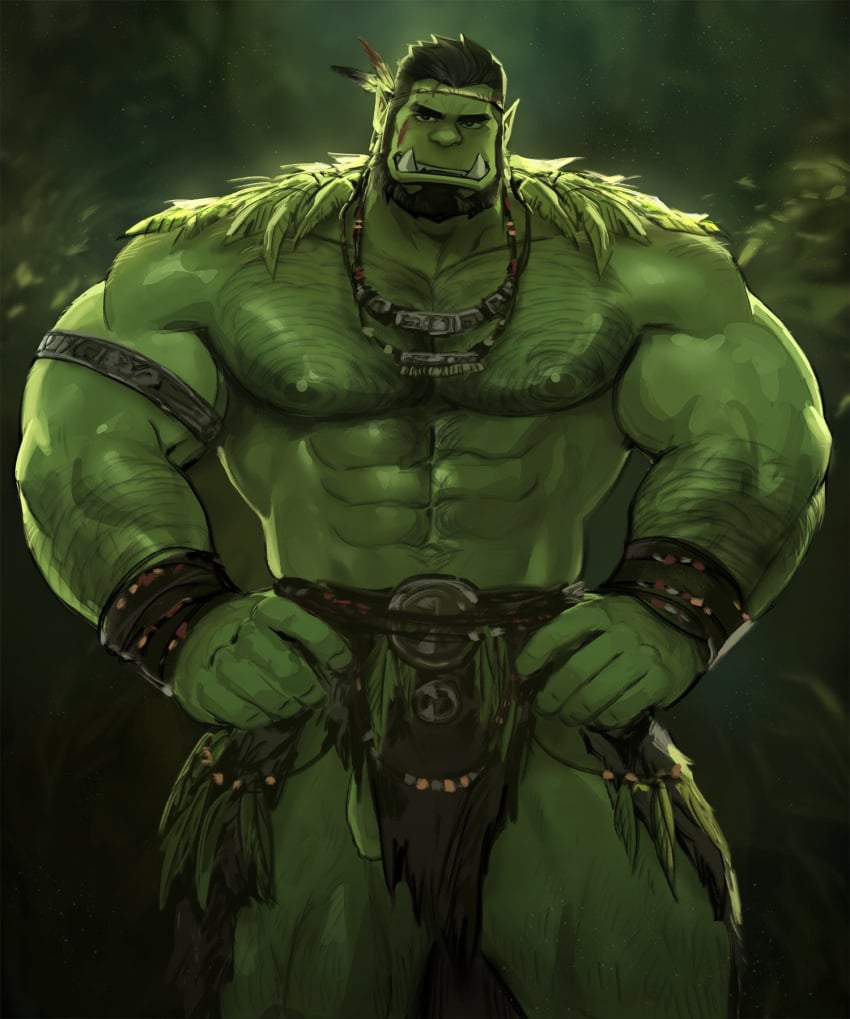 abs body_hair bottomwear chest_hair clothing dopq fangs green_body green_skin hi_res humanoid humanoid_pointy_ears loincloth male muscular muscular_humanoid muscular_male nipples orc orc_male pecs peeking_penis solo solo_male teeth tusks