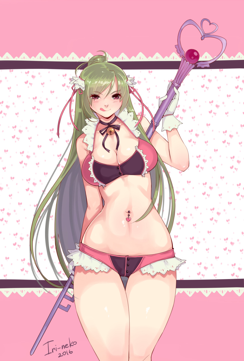 2016 bikini bishoujo_senshi_sailor_moon blush bra cleavage female female_only fully_clothed gloves green_hair iri-neko large_breasts licking_lips long_hair navel navel_piercing panties piercing purple_eyes revealing_clothes sailor_pluto setsuna_meiou smile solo standing thigh_gap tongue_out