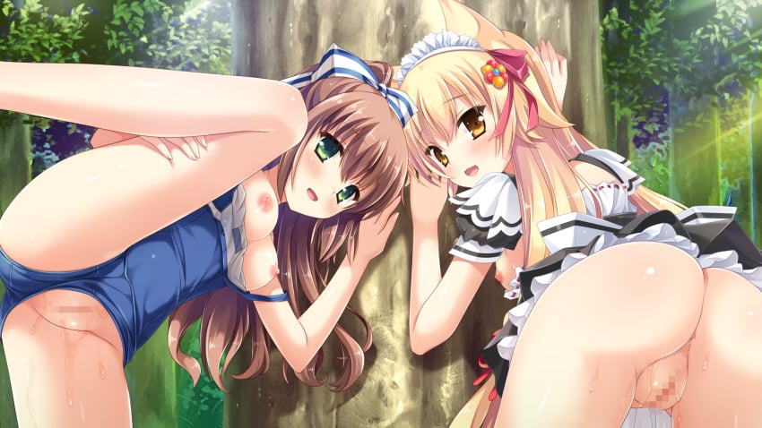 2girls animal_ears anus ass blonde_hair breasts brown_hair censored female game_cg hulotte ikegami_akane long_hair maid multiple_girls nipples no_bra nopan open_clothes open_shirt pussy pussy_juice school_swimsuit shindou_meika shirt skirt_lift swimsuit tamano_yui tree yome_sagashi_ga_hakadori_sugite_yabai.