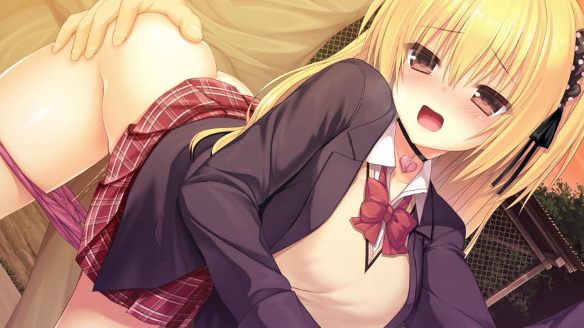 blonde_hair blush brown_eyes game_cg karatabe long_hair natsuki_rino oshioki_namaiki_gyaru panties pussy_juice seifuku sex skirt underwear