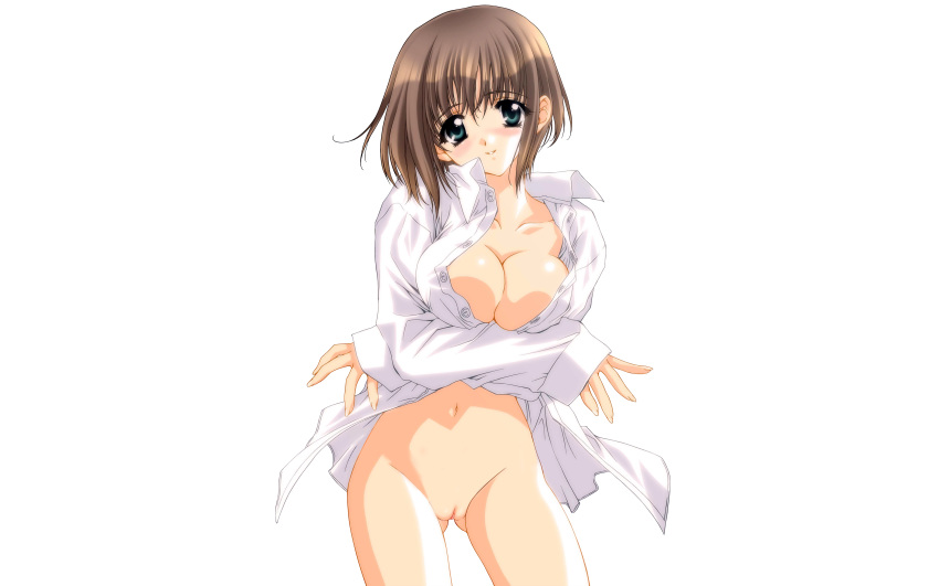 1girls 2d blue_eyes breast_hold breasts brown_hair carnelian cleavage innie_pussy naked_shirt navel open_clothes open_shirt photoshop pussy shirt short_hair solo uncensored white_background