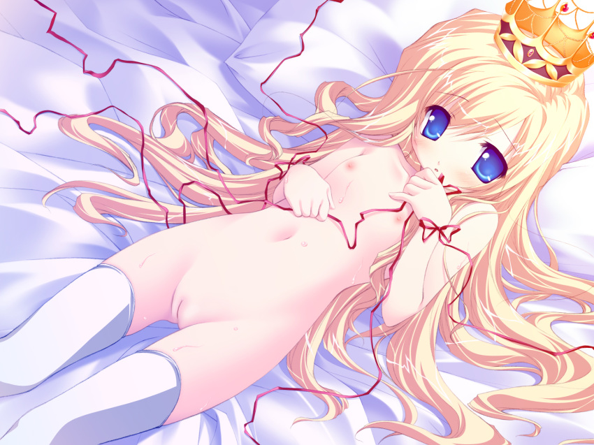 1girls arietta_(lyrical_lyric) blonde_hair blue_eyes chikotam crown flat_chest game_cg highres long_hair lyrical_lyric navel nipples nude photoshop pussy ribbon ribbons solo thighhighs uncensored