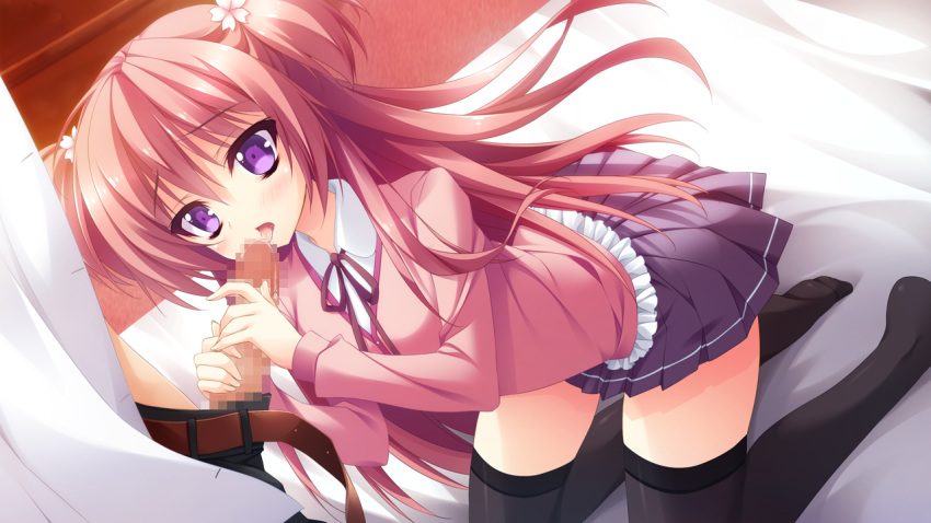 anapom blush censored fellatio game_cg hair long_hair ootori_maria oral orange_hair purple_eyes seifuku shukufuku_no_kane_no_oto_wa_sakura-iro_no_kaze_to_tomo_ni studio_ryokucha thighhighs