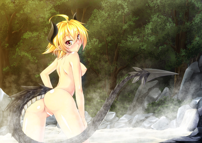 ass blonde_hair breasts censored forest gekato horns nipples nude onsen orange_eyes original pointy_ears pussy short_hair tail tree water