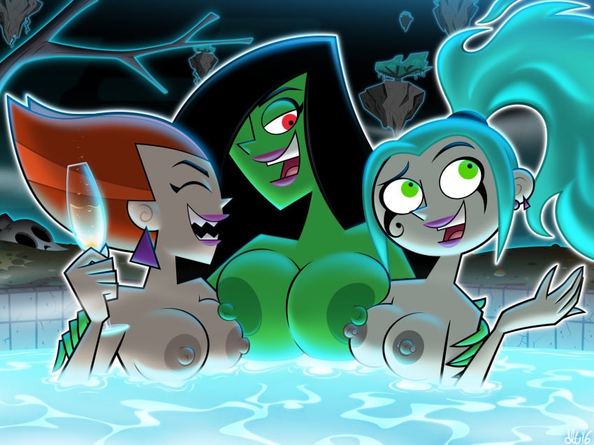 2016 3girls absurdres accurate_art_style areola breasts cleavage closed_eyes danny_phantom dated desiree dlt drink ear_piercing earrings ember_mclain eyelashes facial_markings female female_only ghost ghost_girl green_breasts green_eyes green_skin hair_over_one_eye highres hot_tub huge_breasts large_breasts lipstick long_hair multiple_girls nickelodeon nipple_piercing nipples nude open_mouth partially_submerged penelope_spectra ponytail purple_lipstick red_eyes sharp_teeth signature smile tied_hair wine_glass yuri