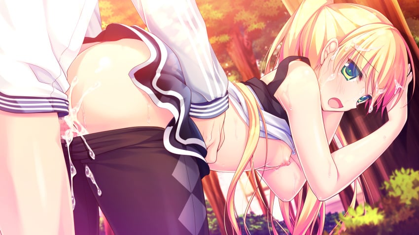 alcot ass blonde_hair breasts censored chibana_ryouka cum erect_nipples game_cg green_eyes kimi_no_tonari_de_koishiteru! long_hair motomiya_mitsuki nipples no_bra nopan pantyhose penis ponytail pussy pussy_juice sex shirt_lift skirt_lift tied_hair