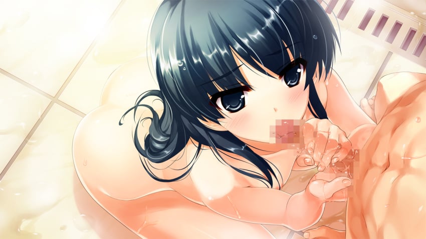 blue_eyes blue_hair blush censored fellatio game_cg hair handjob hasekura_airi misaki_kurehito nipples nude oral penis ushinawareta_mirai_wo_motomete wet