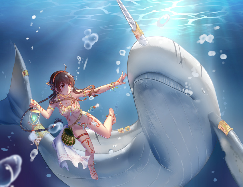 animal braids brown_hair bubbles dongqing_zaozigao fish headband long_hair narwhal nipples nude pussy uncensored underwater vocaloid water yuezheng_ling