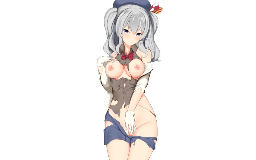 blue_eyes breasts fedsnk gloves gray_hair kantai_collection kashima_(kantai_collection) nipples no_bra photoshop pussy tied_hair torn_clothes twintails uncensored uniform white_background