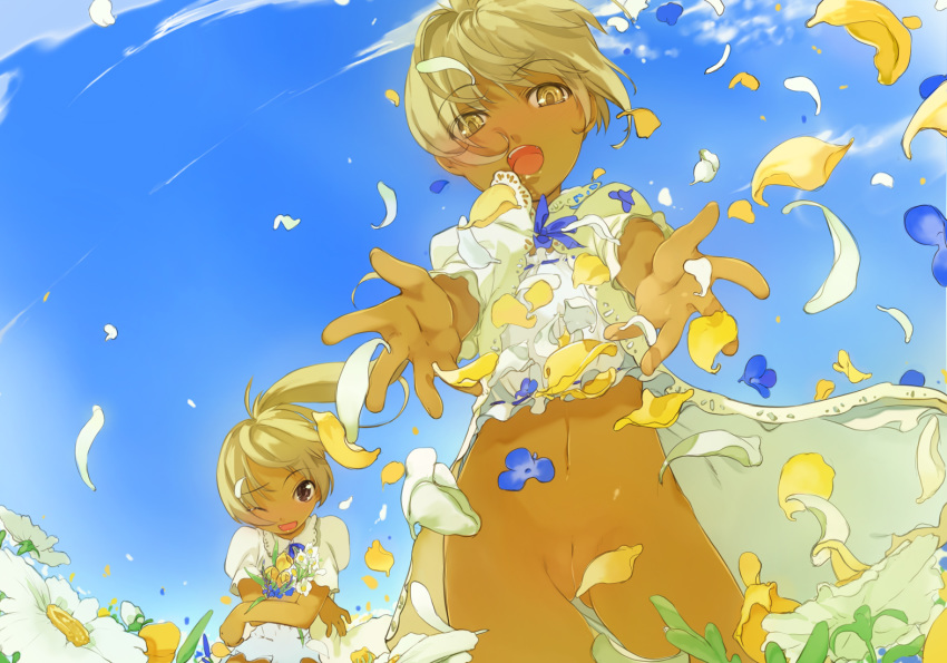 blonde_hair bottomless cleft_of_venus dark_skin female female_only flower foreshortening looking_at_viewer maruku multiple_girls navel no_panties original outstretched_arms outstretched_hand petals ponytail short_hair sky straight_hair tied_hair wind yellow_eyes