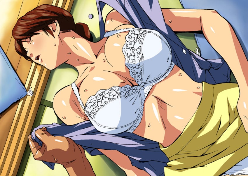 1girls blush bow_bra bra breasts brown_hair cirima closed_eyes dutch_angle female hikaru_no_go housewife huge_breasts lace lace_bra lingerie long_hair lying mature milf mitsuko_sanrakugaki on_back on_floor open_clothes open_mouth open_shirt panties pillow pov shindou_mitsuko shirt short_hair skirt skirt_lift sleeveless solo sweat underwear volvox white_panties