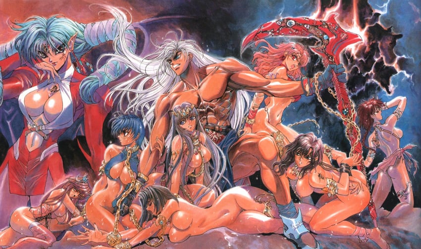 1boy 6+girls 8girls 90s arabian_clothes bastard!! biceps big_muscles bodybuilder breasts chains curvaceous dark_schneider demon_girl evil female group hagiwara_kazushi harem harem_outfit highres human humanoid hunk ichael_monroe large_breasts light-skinned_female light_skin long_hair male nude official_art pointy_ears scythe serratus_anterior short_hair slave straight wide_hips