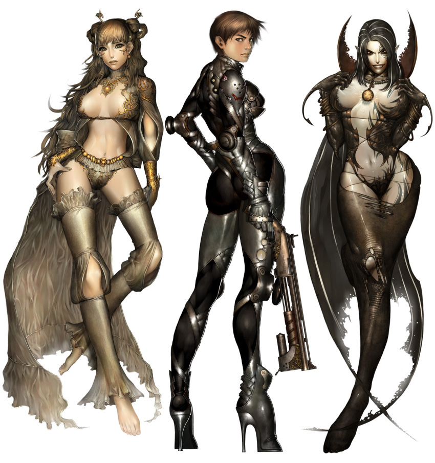 3girls alien1452 armor ass big_ass big_breasts black_hair blonde_hair boots breast_grab breasts brown_eyes brown_hair cleavage cloak clothed costume darkeden demon_girl elbow_gloves everyone feet full_body gem gloves goth gothic gun heels high_heels highres hips jewels large_breasts lingerie long_hair looking_at_viewer looking_back monster multiple_girls original panties red_eyes shoes short_hair slayer smile succubus tattoo thong toes underwear vampire weapon wide_hips yellow_eyes