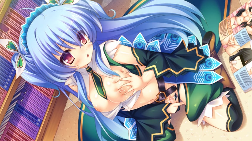 blue_hair blush book boots breast_hold breasts censored fingering game_cg headdress long_hair masturbation nijiha_ouka nipples no_bra open_clothes open_shirt purple_eyes pussy_juice seifuku shirt softhouse-seal_grandee sukoyaka_gyuunyuu thighhighs tie zettai_seifuku_gakuen_kessha_panyanyanda!!