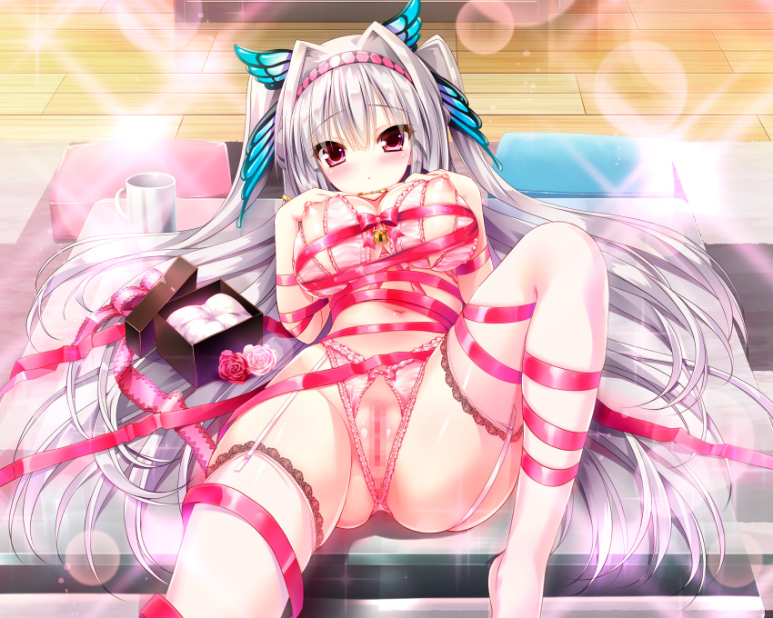 bra breasts censored game_cg gray_hair lass long_hair mayoeru_futari_to_sekai_no_subete nipples panties pussy red_eyes ribbons saeki_touka stockings thighhighs underwear youta