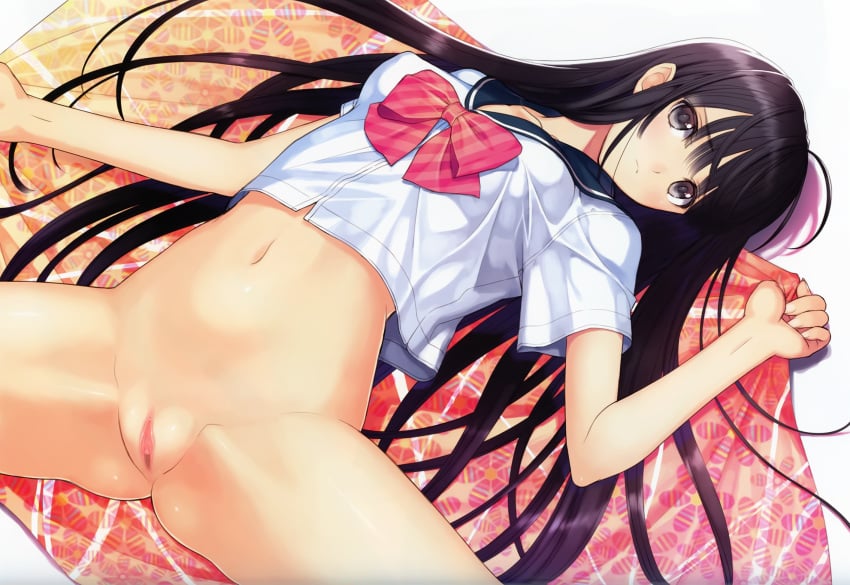 black_hair bottomless bow erect_nipples female gray_eyes long_hair nopan original pussy seifuku solo spread_legs taka_tony uncensored