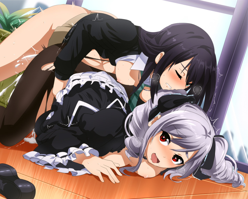 black_hair blue_eyes cum female futanari gray_hair happy_sex human idolmaster idolmaster_cinderella_girls implied_futanari intersex kanzaki_ranko long_hair multiple_girls pantyhose red_eyes ribbons sex shibuya_rin short_hair torn_clothes umakatsuhai yuri