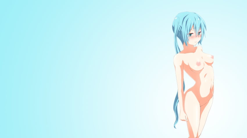 aqua_eyes aqua_hair blue blush breasts gradient hatsune_miku long_hair mujakuma navel nipples nude pussy_juice tied_hair twintails vocaloid