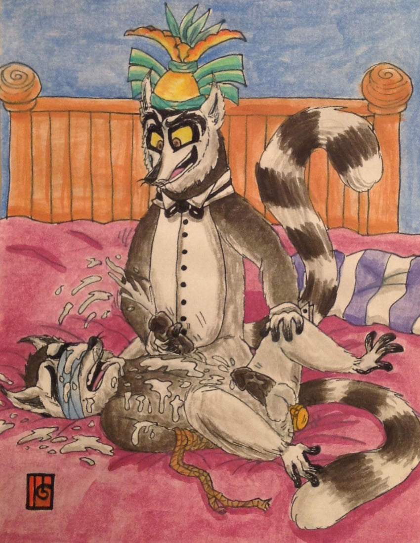 2boys all_hail_king_julien anal_plug bed bondage cumshot eye_covered eye_covering gay king_julien madagascar_(series) magic_steve male male_only penis puku83 tagme yaoi