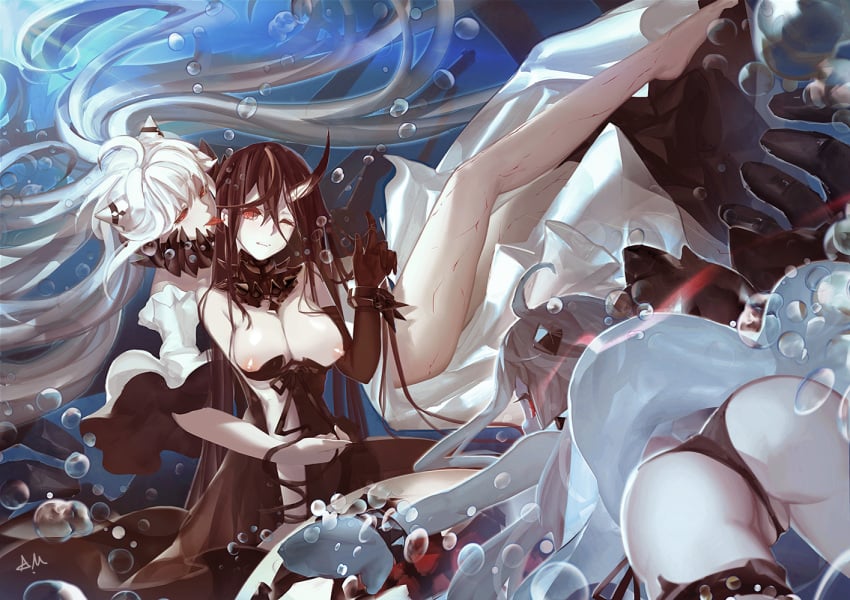 ass battleship_water_oni black_hair breasts bubbles group i.a.m.genesic kantai_collection long_hair midway_hime nipples northern_ocean_hime pussy red_eyes shinkaisei-kan signed underwater water white_hair