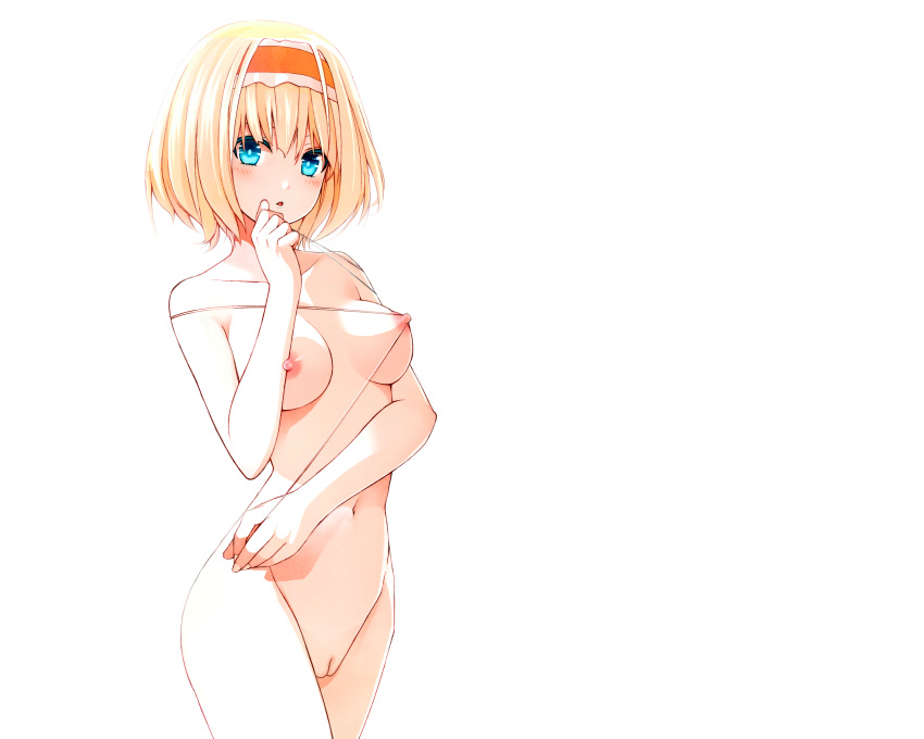 alice_margatroid blonde_hair blue_eyes blush breasts erect_nipples headband mikoma_sanagi navel nipples nude photoshop pussy short_hair touhou uncensored white_background