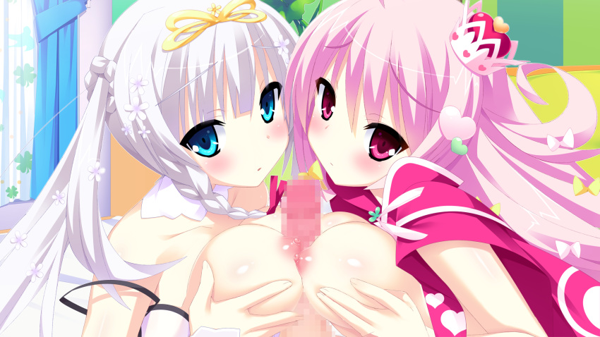 2girls bikini breast_hold breasts censored female game_cg gray_hair hanahime_absolute! kannagi_rei multiple_girls naked_shirt nekoyashiki_maher nipples paizuri penis pink_hair reina_lilou_lowchen swimsuit