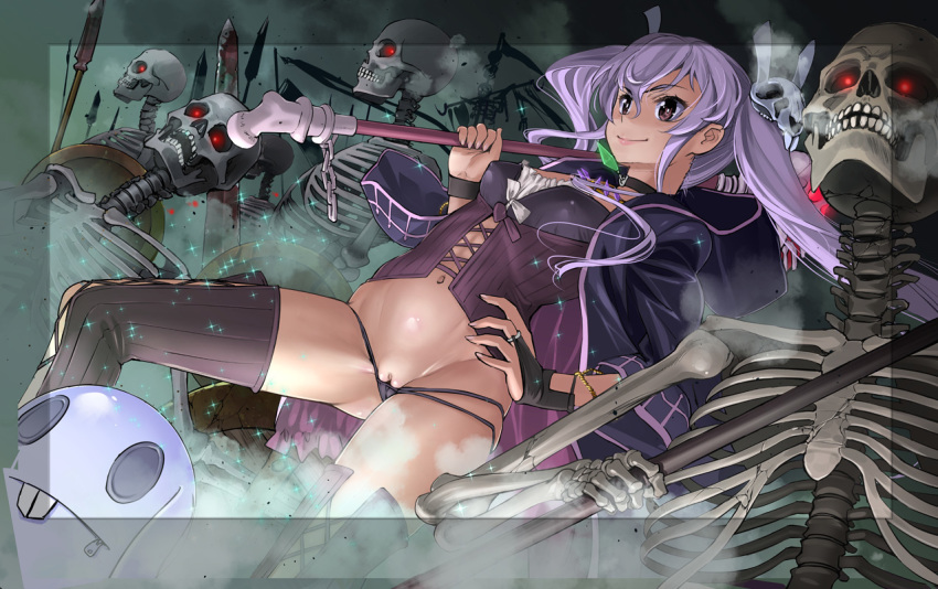 bones choker corset erect_nipples memento_(sennen_sensou_aigis) navel panties purple_hair pussy sasayuki sennen_sensou_aigis skull thighhighs tied_hair twintails uncensored underwear weapon