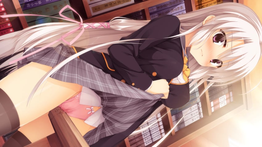 ayachi_nene black_socks blush game_cg gray_hair long_hair masturbation muririn panties purple_eyes pussy_juice sanoba_witch seifuku skirt skirt_lift socks thigh_socks thighhighs underwear yuzusoft