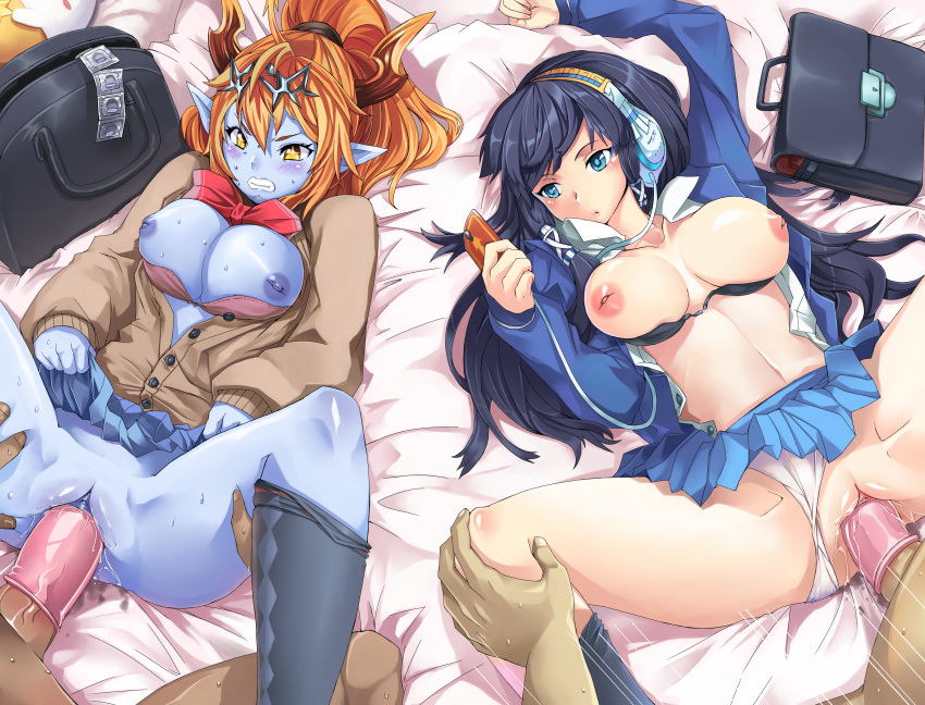 2boys 2girls absurdly_large_cock absurdres bad_id bad_pixiv_id blue_skin blush bored bra bra_pull breasts cardigan ceda_(dace) cellphone clenched_teeth clothed_sex clothes_lift clothes_pull clothing_aside colored_skin condom condom_on_penis condom_wrapper emotionless emotionless_sex expressionless fang female group_sex headphones hera-ur_(p&d) hera_(p&d) highres horns ignoring inverted_nipples isis_(p&d) large_breasts lifted_by_self lying male male_human/female_elf missionary multiple_boys multiple_girls multiple_penises multitasking nipples no_panties on_back open_clothes open_shirt orange_hair panties panties_aside penis phone pointy_ears pussy pussy_juice puzzle_&_dragons restrained school_uniform seifuku sex shirt skirt skirt_lift smartphone spread_legs straight sweat sweater teeth thighhighs_pull uncensored underwear vaginal vaginal_penetration yellow_eyes