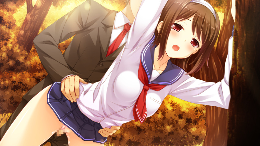 blush brown_hair censored game_cg headband hiten_(hitenkei) juunin_kanri! kino_shizuku material_mel panties red_eyes seifuku sex short_hair sunset tie underwear