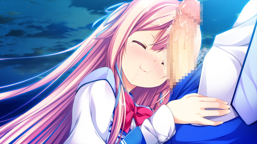 blush censored cum fellatio game_cg hair harvest_overray jpeg_artifacts long_hair night nironiro oral penis pink_hair ribbons seifuku stars tamaki_yuuka