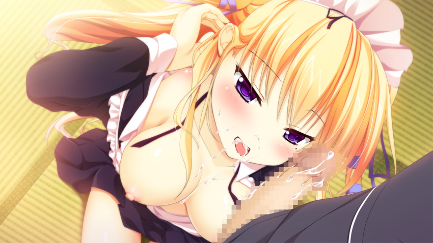 blonde_hair blush breasts censored cum ensemble_(company) fellatio game_cg hair headdress jinguuji_reika kanojo_wa_ecchi_de_midara_na_hentai long_hair maid nipples no_bra open_clothes open_shirt oral penis purple_eyes ribbons shirt