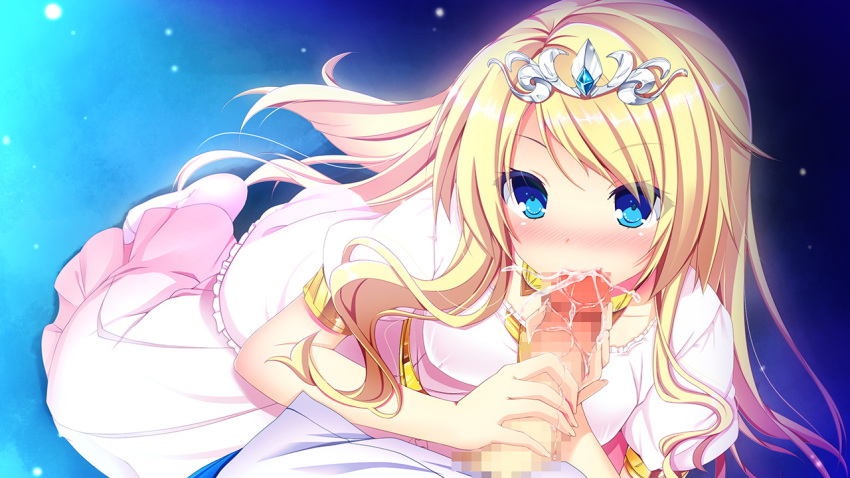 blonde_hair blue_eyes censored cum dress fellatio game_cg hair harvest_overray headdress jpeg_artifacts mikami_riria night nironiro oral ribbons stars