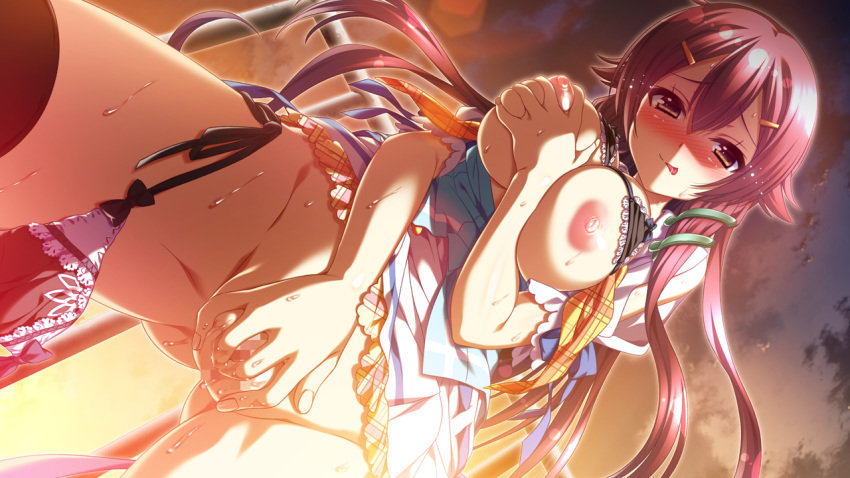 blush breast_hold breasts censored fingering game_cg hoshikawa_maki masturbation minori mizuno_sao nipples pussy pussy_juice seifuku soreyori_no_prologue