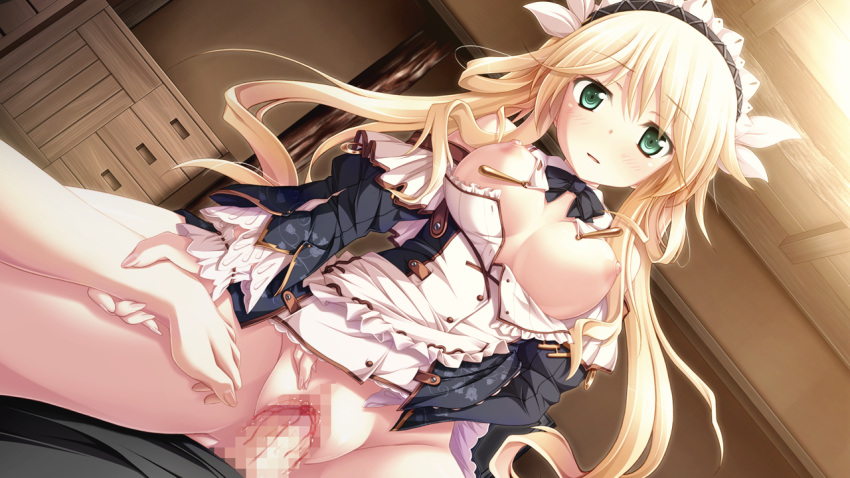 blonde_hair blood blush breasts censored chrono_clock dorothy_davenport game_cg green_eyes headdress long_hair nipples no_bra nopan penis purple_software pussy pussy_juice sex tsukimori_hiro