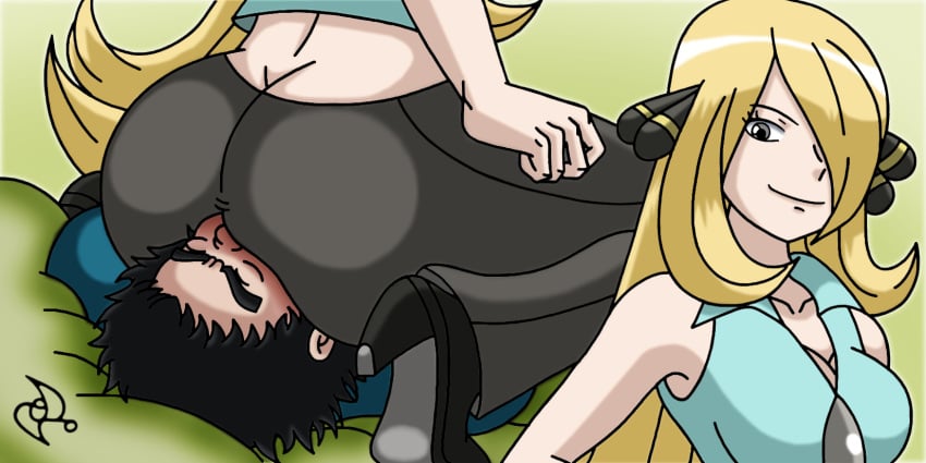 ass black_hair blue_eyes breasts champion cleavage clothed clothing cynthia_(pokemon) duo facesitting female female_on_top femdom hair_ornament hair_over_one_eye high_heels human large_breasts looking_down male omarsin pokemon punishment signature smile straight teasing