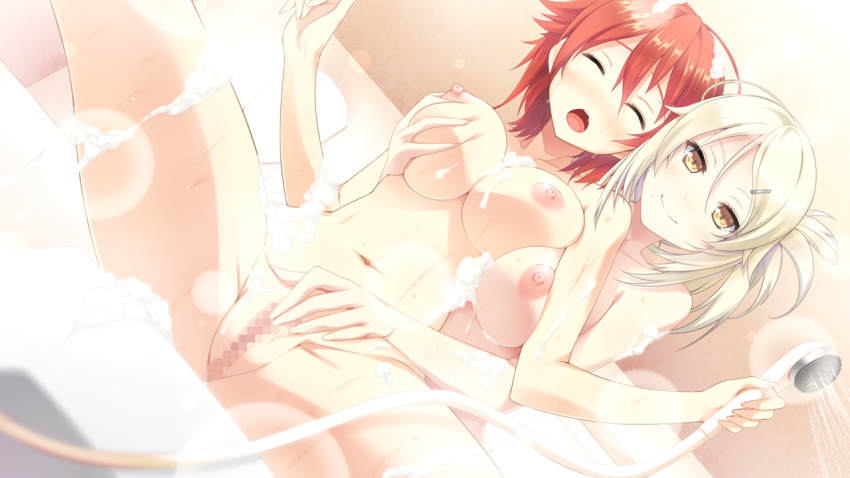 2girls bath blonde_hair blush breast_grab breasts censored female fingering game_cg multiple_girls nezuya_yako nipples nude pussy red_hair seisai_no_resonance takatou_kanae tel-o wet white_hair yatagarasu yellow_eyes yuri