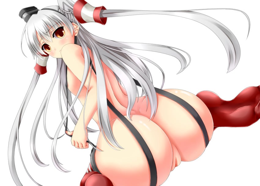 amatsukaze_(kantai_collection) ass big_ass big_butt breasts brown_eyes butt female female_only gray_hair kantai_collection light-skinned_female light_skin long_hair looking_back nipples pussy shouyan small_breasts solo thighhighs tied_hair twintails uncensored white_background