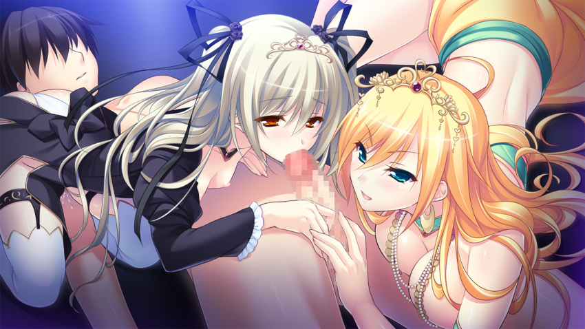 10s 1boy 2012 2d 2girls assisted_fellatio ayase_hazuki blonde_hair blue_eyes blush breasts candysoft censored collaborative_fellatio fellatio game_cg hair kamidere multiple_girls nipples oral orange_eyes penis pussy_juice tagme teamwork white_hair yomiya_patty yomiya_shuri