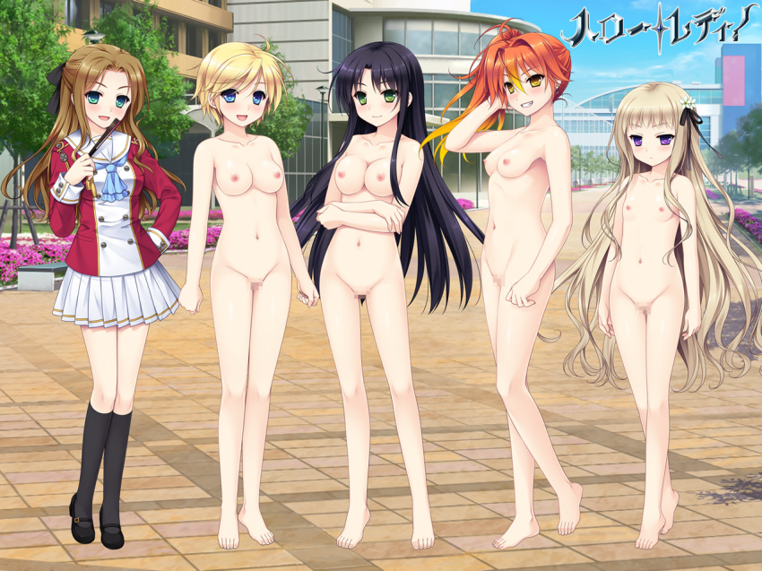 accurate_art_style akahito_tamao breasts censored group hello_lady kabutoyama_mitori katsuragi_sorako logo nipples nude otonashi_saku saeki_hokuto seifuku takazaki_eru