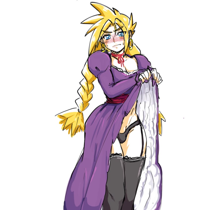 1boy androgynous blonde_hair blue_eyes blush braids bulge canon_crossdressing cloud_strife crossdressing dress dress_lift earrings femboy final_fantasy final_fantasy_vii garter_belt garter_straps girly hoop_earrings male male_only panties penis_in_panties solo stockings thighhighs thunder_head trap twin_braids yellow_kirby